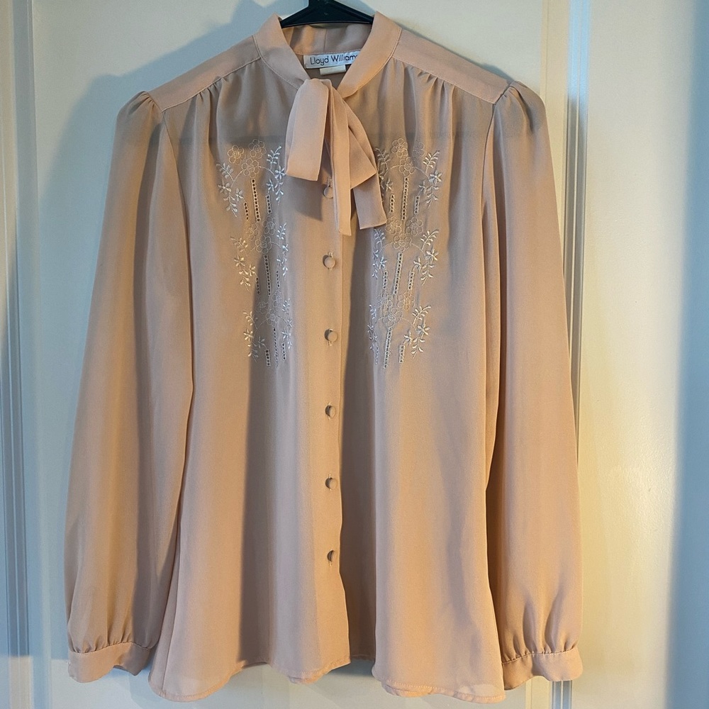 Lloyd Williams Vintage Sheer Floral Embroidery Front Button Up Bow top, 8